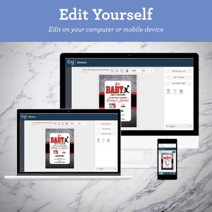 May include: A screenshot of a computer screen showing a website for creating and editing invitations. The invitation is for a baby shower and features a black and white elephant graphic with the text "BABY" in red. The website has a toolbar with options to add text boxes, images, and layers.