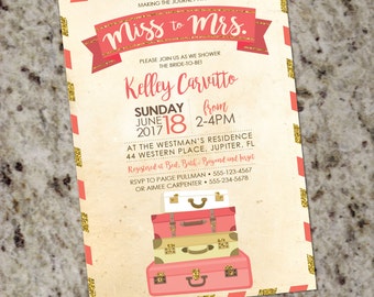 Coral and Gold Glitter Travel-Themed Bridal Shower Invitation with Vintage Postcard Look - DIY Print Your Own