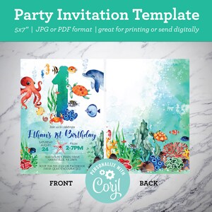May include: A printable party invitation template for a 1st birthday with an under the sea theme. The invitation features a blue, green, and orange watercolor background with a large number one, an octopus, a dolphin, a turtle, and other sea creatures. The text on the invitation reads "Join us to celebrate Ethan's 1st Birthday" and includes the date, time, and location of the party. The invitation also includes the text "RSVP 708-555-0123 or Facebook" and "Swim gear encouraged".