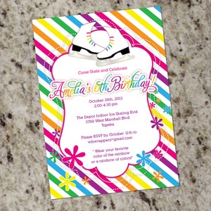 Rainbow Skating Party Invitations Ice Skate or Roller Skates Very Girly image 1
