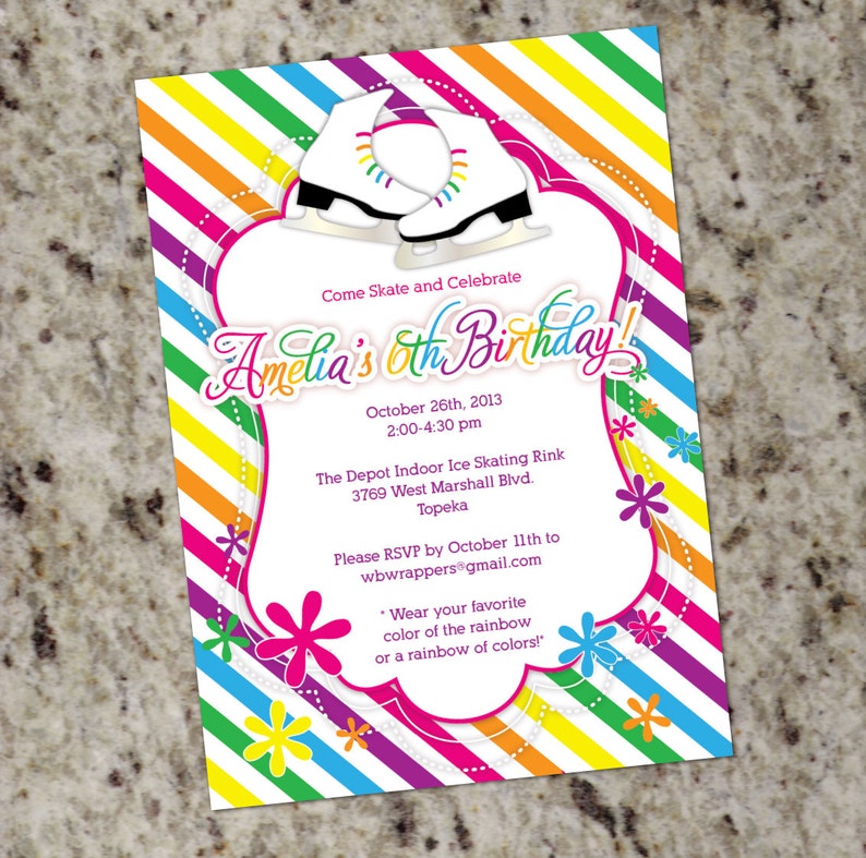 Rainbow Skating Party Invitations Ice Skate or Roller Skates Very Girly image 1