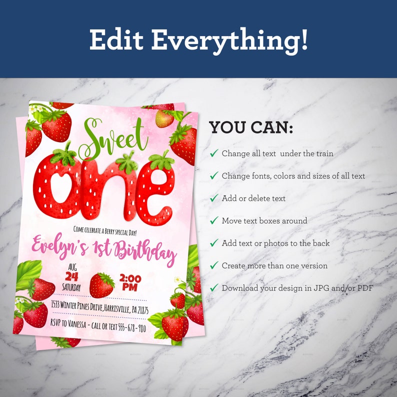 May include: A pink and green birthday invitation with a watercolor illustration of a strawberry 'one' and the text 'Sweet One'. The invitation includes the name 'Evelyn's 1st Birthday', the date 'August 24th', the time '2:00 PM', the address '1533 Winter Pines Drive, Harrisville, PA 21875', and the RSVP information 'RSVP to Vanessa - Call or Text 555-678-980'.