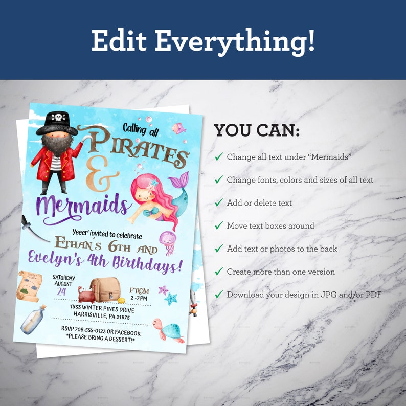 May include: A blue and white invitation for a pirate and mermaid themed birthday party. The invitation features a cartoon pirate and mermaid with the text "Calling all Pirates & Mermaids" and "Ethan's 6th and Evelyn's 4th Birthdays!"