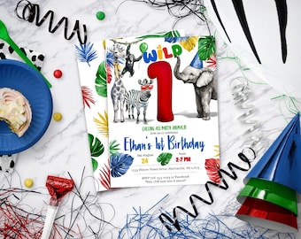 Wild One Safari Birthday Invitation: Party Animals, Ages 1-9 (Digital Download)