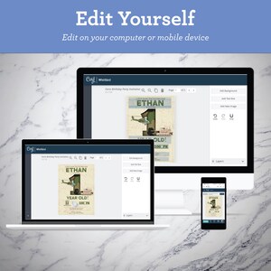 May include: A digital design template for a birthday party invitation, displayed on a laptop, desktop monitor, and smartphone. The invitation features the name "ETHAN", a number one, and military-themed graphics. The text "Edit Yourself" is at the top.