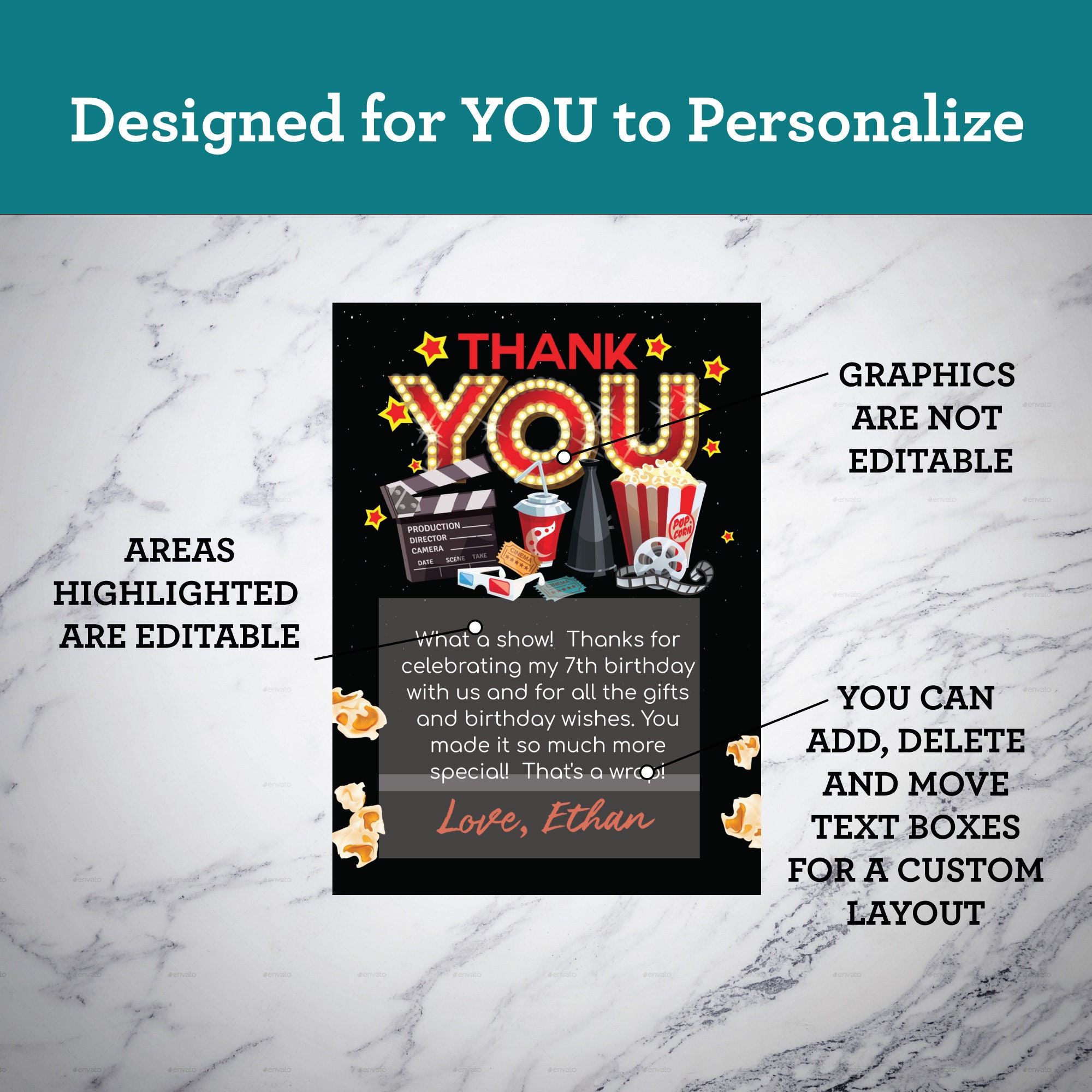 Movie Thank You Note Movie Party Thank You Card Template | Etsy