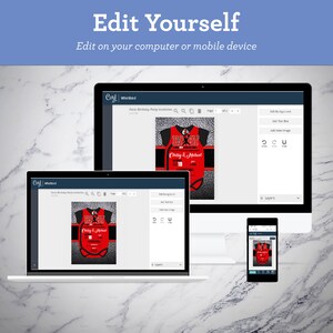 May include: A digital design template for a birthday party invitation. The design features a red and black jersey with the text "Bossy" and "Chrissy & Michael 18" on it. The design is displayed on a computer screen, a laptop screen, and a mobile phone screen.
