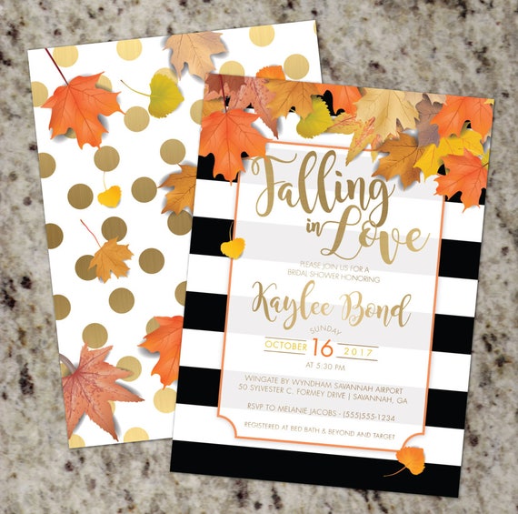 Fall Themed Bridal Shower Invitation Black and White Stripes with Fall Leaves - DIY Printable - Print Your Own Il_570xn
