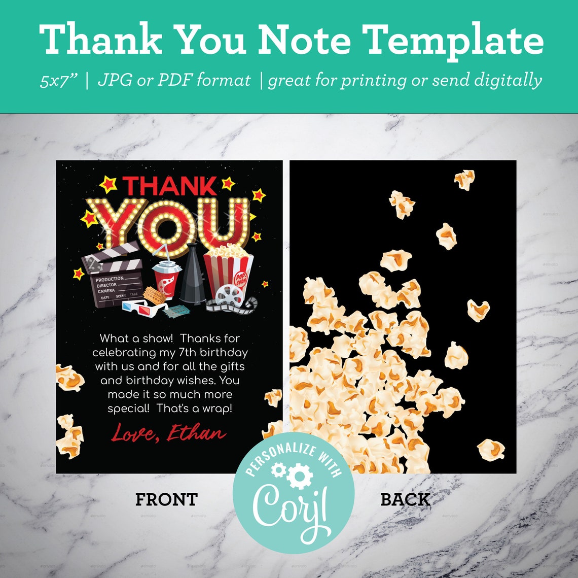 Movie Thank You Note Movie Party Thank You Card Template - Etsy