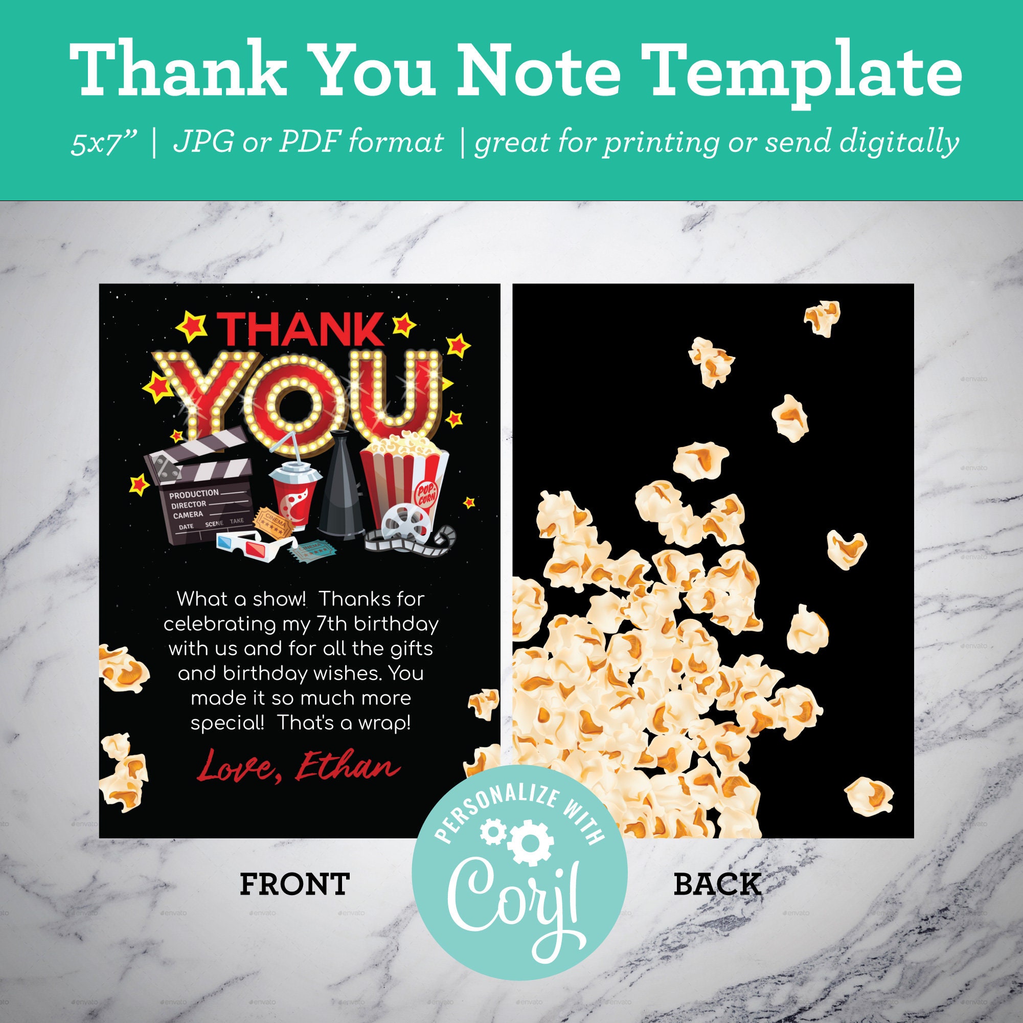 Movie Thank You Note Movie Party Thank You Card Template | Etsy