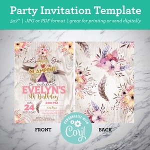 Girls Sleepover invitation, Glamping Invitation with Teepee Tent Instant Download Editable DIY Edit Yourself image 2