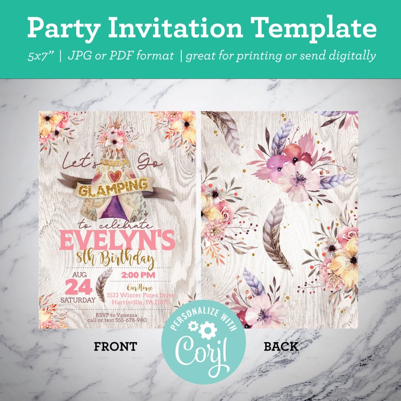 Girls Sleepover invitation, Glamping Invitation with Teepee Tent Instant Download Editable DIY Edit Yourself image 2