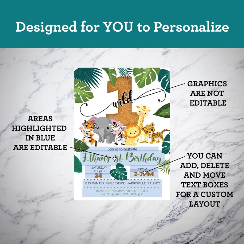 Safari Birthday Invitation | Jungle Animals, Ages 1-4 (DIY Edit, Digital Download) image 3
