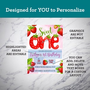 May include: A printable invitation for a first birthday party with a strawberry theme. The invitation features a pink background with the words "Sweet One" in large, red letters decorated with strawberries. The text "Evelyn's 1st Birthday" is in blue letters with a white background. The invitation also includes details about the party, such as the date, time, and location.