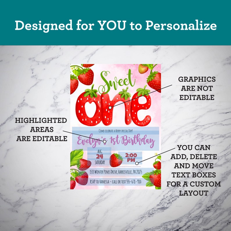 May include: A printable invitation for a first birthday party with a strawberry theme. The invitation features a pink background with the words "Sweet One" in large, red letters decorated with strawberries. The text "Evelyn's 1st Birthday" is in blue letters with a white background. The invitation also includes details about the party, such as the date, time, and location.