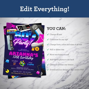 May include: A customizable 80's themed birthday party invitation with a neon pink and blue color scheme. The invitation features a cassette tape, a video game controller, a roller skate, and a Rubik's cube. The text on the invitation reads "Join us for a Totally Cool Party" and "Ariana's 12th Birthday".