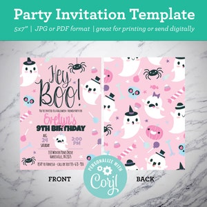 May include: A 12.7 x 17.8 cm party invitation template featuring a pink background with white ghosts, black spiders, skulls, and candy. The front displays the text Hey Boo! Evelyn's 9th Birthday, date, time, and location. The back has a repeating pattern.