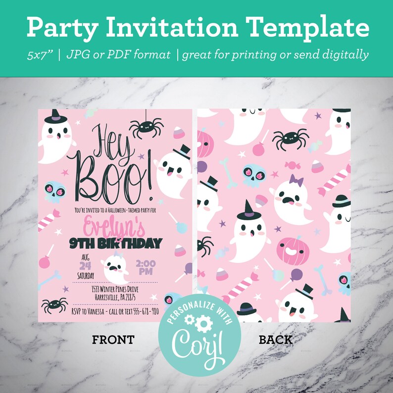 May include: A 12.7 x 17.8 cm party invitation template featuring a pink background with white ghosts, black spiders, skulls, and candy. The front displays the text Hey Boo! Evelyn's 9th Birthday, date, time, and location. The back has a repeating pattern.