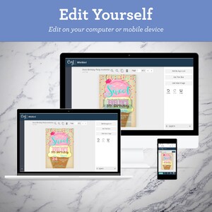 May include: A computer screen, laptop, and smartphone displaying a customizable birthday party invitation template. The invitation features an ice cream cone with the text "Sweet Evelyn's 5th Birthday".