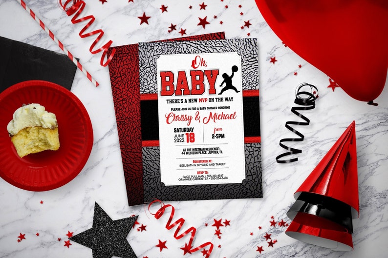 May include: A red, black, and gray baby shower invitation with a basketball theme. The invitation reads "Oh, Baby! There's a new MVP on the way." It also includes the names "Chrissy & Michael", the date "June 18, 2022", and the time "2-5PM".