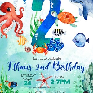May include: A blue watercolor number two with a variety of sea creatures, including an octopus, a turtle, a dolphin, and fish. The text "Ethan's 2nd Birthday" is written in blue cursive. The invitation is for a party on Saturday, August 24th from 2-7pm. The address is 1533 Winter Pines Drive, Harrisville, PA 21875. The RSVP number is 708-555-0123 or Facebook. The invitation encourages guests to bring swim gear.