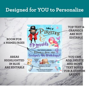 May include: A blue and purple birthday invitation with a pirate and mermaid theme. The invitation says "Calling all Pirates & Mermaids" and "Yeeer' invited to celebrate Ethan's 6th and Evelyn's 4th Birthdays!" The invitation includes the date, time, and location of the party.