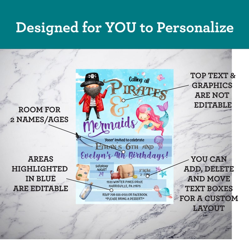 May include: A blue and purple birthday invitation with a pirate and mermaid theme. The invitation says "Calling all Pirates & Mermaids" and "Yeeer' invited to celebrate Ethan's 6th and Evelyn's 4th Birthdays!" The invitation includes the date, time, and location of the party.