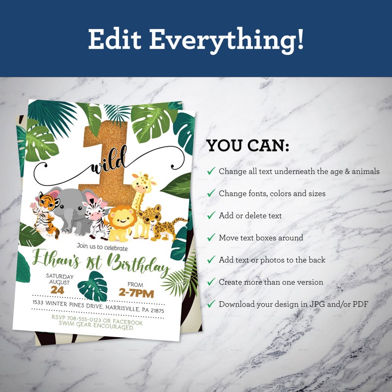 Safari Birthday Invitation | Jungle Animals, Ages 1-4 (DIY Edit, Digital Download) image 6