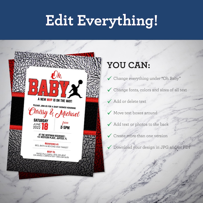 May include: A basketball-themed baby shower invitation with red, black, and gray colors. The invitation says "Oh Baby! A New MVP is on the Way!" and includes the names Chrissy & Michael, the date Saturday June 18, 2022, and the time 2-5PM. The invitation also includes the location of the event, "At The Westman Residence, 44 Western Place, Jupiter, FL".