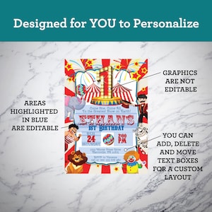 May include: A colorful circus-themed birthday invitation with a red and white striped tent, fireworks, and a lion, elephant, and tiger. The text reads "Ethan's 1st Birthday" with the date and time of the party.