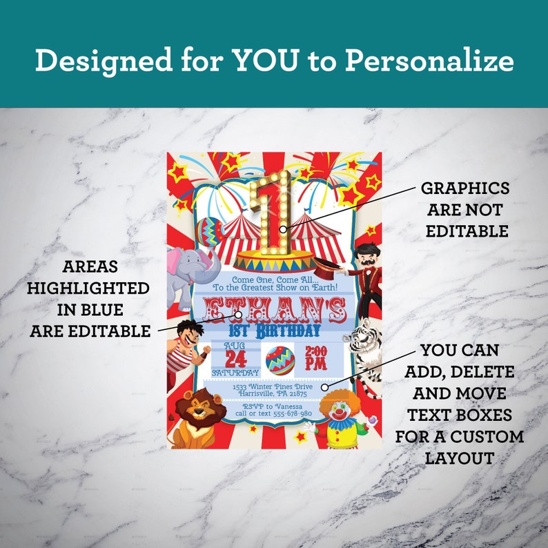 May include: A colorful circus-themed birthday invitation with a red and white striped tent, fireworks, and a lion, elephant, and tiger. The text reads "Ethan's 1st Birthday" with the date and time of the party.