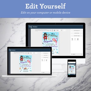May include: A computer screen, laptop, and smartphone displaying a digital invitation for a "Calling all Pirates & Mermaids" birthday party. The invitation features a cartoon pirate and mermaid with the text "Ethan's 6th and Evelyn's 8th Birthdays!"