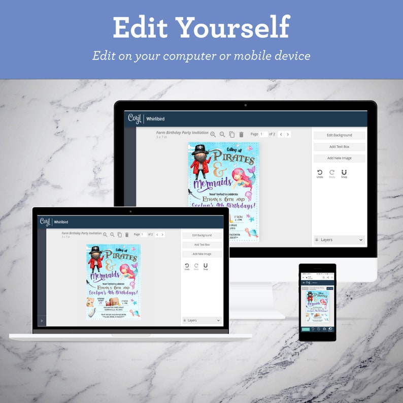 May include: A computer screen, laptop, and smartphone displaying a digital invitation for a "Calling all Pirates & Mermaids" birthday party. The invitation features a cartoon pirate and mermaid with the text "Ethan's 6th and Evelyn's 8th Birthdays!"