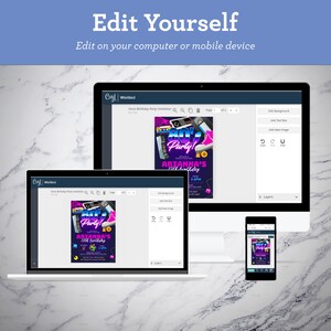 May include: A computer screen, laptop, and smartphone display a website with a customizable 80s themed birthday party invitation. The invitation features a purple, pink, and blue color scheme with a cassette tape, video game controller, and roller skate graphic. The text on the invitation reads "80's Party!" and "ARIANNA'S 12th Birthday".