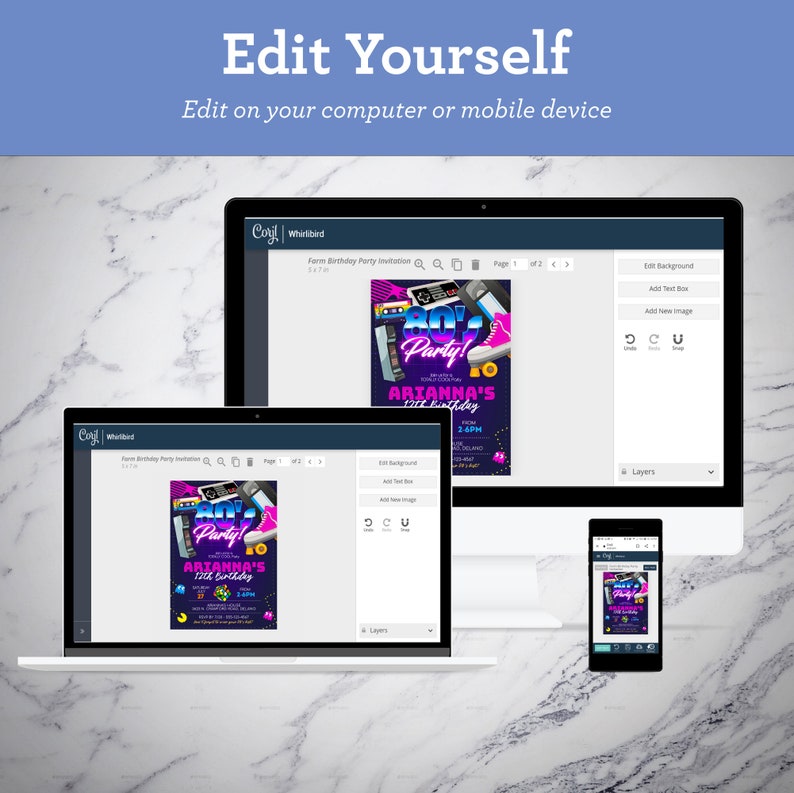 May include: A computer screen, laptop, and smartphone display a website with a customizable 80s themed birthday party invitation. The invitation features a purple, pink, and blue color scheme with a cassette tape, video game controller, and roller skate graphic. The text on the invitation reads "80's Party!" and "ARIANNA'S 12th Birthday".