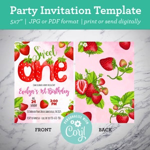 May include: A pink and white printable party invitation with a strawberry theme. The invitation says "Sweet One" and "Evelyn's 1st Birthday". The date and time of the party are listed as "Aug 24, Saturday, 2:00 PM". The address and RSVP information are also included.