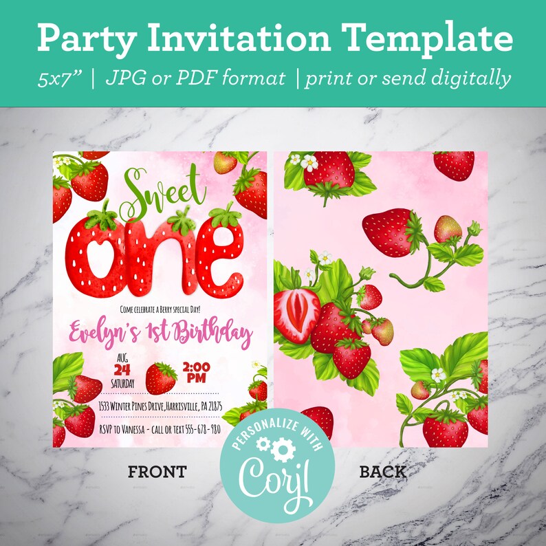 May include: A pink and white printable party invitation with a strawberry theme. The invitation says "Sweet One" and "Evelyn's 1st Birthday". The date and time of the party are listed as "Aug 24, Saturday, 2:00 PM". The address and RSVP information are also included.