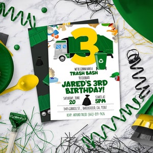 May include: A birthday party invitation with a trash truck and recycling bin graphic. The invitation reads "We're gonna have a Trash Bash to celebrate Jared's 3rd Birthday!" with event details and RSVP information.