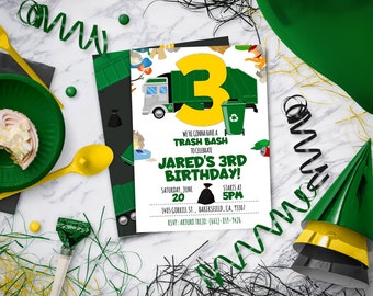 May include: A birthday party invitation with a trash truck and recycling bin graphic. The invitation reads "We're gonna have a Trash Bash to celebrate Jared's 3rd Birthday!" with event details and RSVP information.