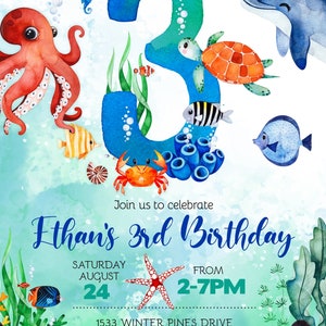 May include: A blue and green watercolor illustration of the number 3 with various sea creatures, including a red octopus, a sea turtle, a dolphin, and a starfish. The text "Ethan's 3rd Birthday" is written in blue and white. The invitation details include the date, time, and address.