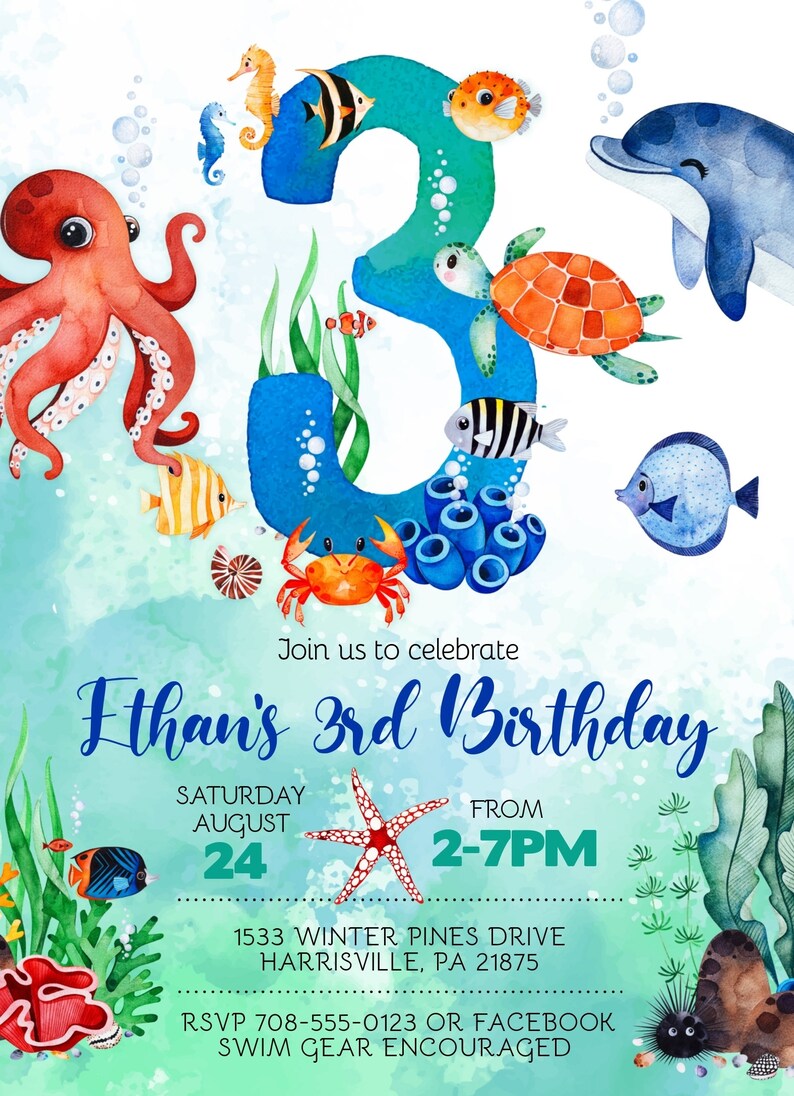 May include: A blue and green watercolor illustration of the number 3 with various sea creatures, including a red octopus, a sea turtle, a dolphin, and a starfish. The text "Ethan's 3rd Birthday" is written in blue and white. The invitation details include the date, time, and address.