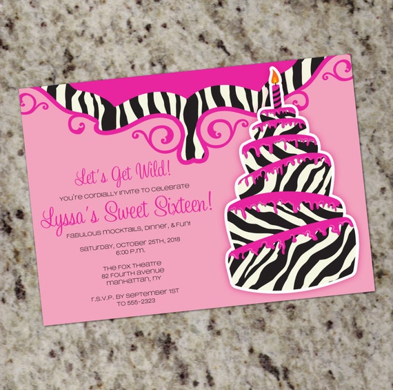 Zebra Birthday Invitation | Birthday Invitation for Girls | Hot Pink | Zebra Print Invite | Sweet Sixteen | Women Tenns Girls | DIY Il_570xn