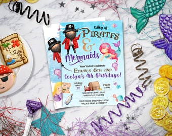 May include: A blue and purple invitation for a pirate and mermaid themed birthday party. The invitation features a pirate and a mermaid with the text "Calling all Pirates & Mermaids" and "Ethan's 6th and Evelyn's 4th Birthdays!"