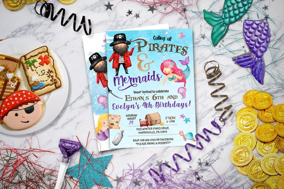 Pirates and Mermaid Birthday Invitation, Mermaid Party & Pirate Party for any ages | Instant Download Il_570xn
