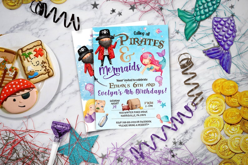May include: A blue and purple invitation for a pirate and mermaid themed birthday party. The invitation features a pirate and a mermaid with the text "Calling all Pirates & Mermaids" and "Ethan's 6th and Evelyn's 4th Birthdays!"