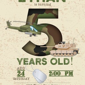 May include: A military-themed birthday invitation with the name "ETHAN" in green block letters. The number "5" is in camouflage, with a helicopter and tank illustration. The date is August 24th at 2:00 PM.