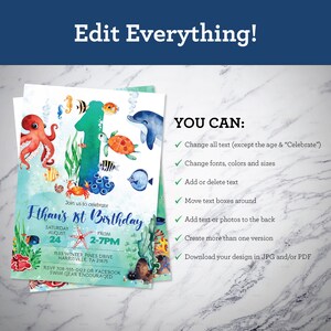 May include: A blue and green watercolor invitation for a 1st birthday party with an under the sea theme. The invitation features a large number one with an octopus, a dolphin, a turtle, and fish. The text on the invitation reads "Join us to celebrate Ethan's 1st Birthday, Saturday August 24, From 2-7PM, 1533 Winter Pines Drive Harrisville, PA 21875, RSVP 708-555-0123 or Facebook, Swim Gear Encouraged".