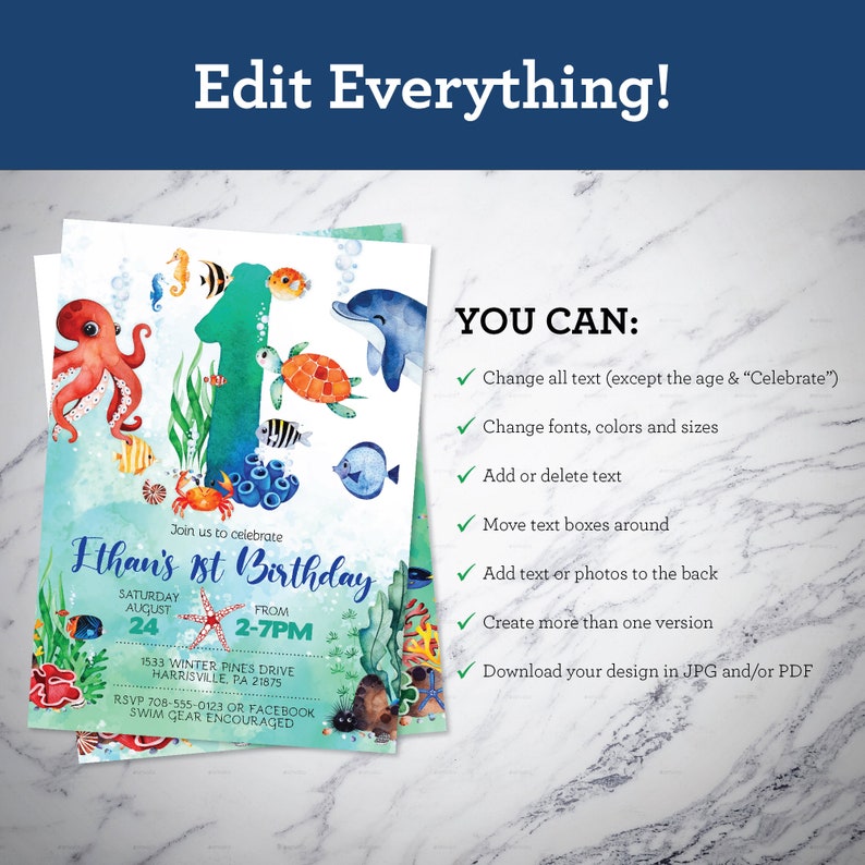 May include: A blue and green watercolor invitation for a 1st birthday party with an under the sea theme. The invitation features a large number one with an octopus, a dolphin, a turtle, and fish. The text on the invitation reads "Join us to celebrate Ethan's 1st Birthday, Saturday August 24, From 2-7PM, 1533 Winter Pines Drive Harrisville, PA 21875, RSVP 708-555-0123 or Facebook, Swim Gear Encouraged".