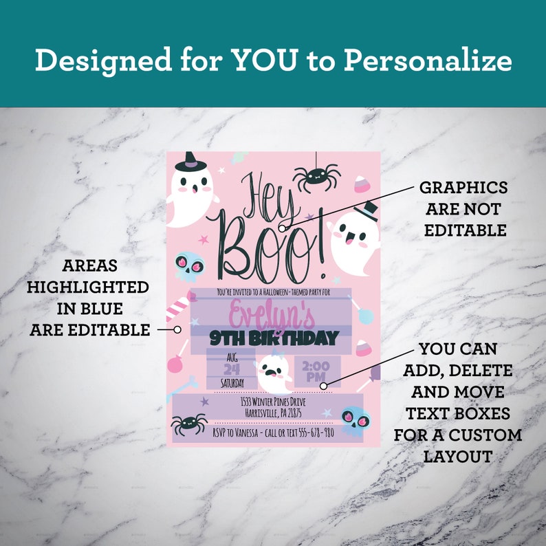 May include: A pink Halloween-themed birthday invitation template featuring ghosts, spiders, skulls, and candy graphics. The text reads Hey Boo!, Evelyn's 9th Birthday, Aug 24 Saturday, 2:00 PM, 1533 Winter Pines Drive, Harrisville, PA 21875, and RSVP to Vanessa.