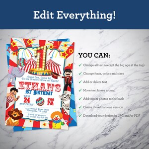 May include: A colorful circus-themed first birthday party invitation with red, blue, and yellow colors. The invitation features a large number "1" with a circus tent and stars. The text reads "Come One, Come All... To the Greatest Show on Earth! Ethan's 1st Birthday" with the date and time of the party.
